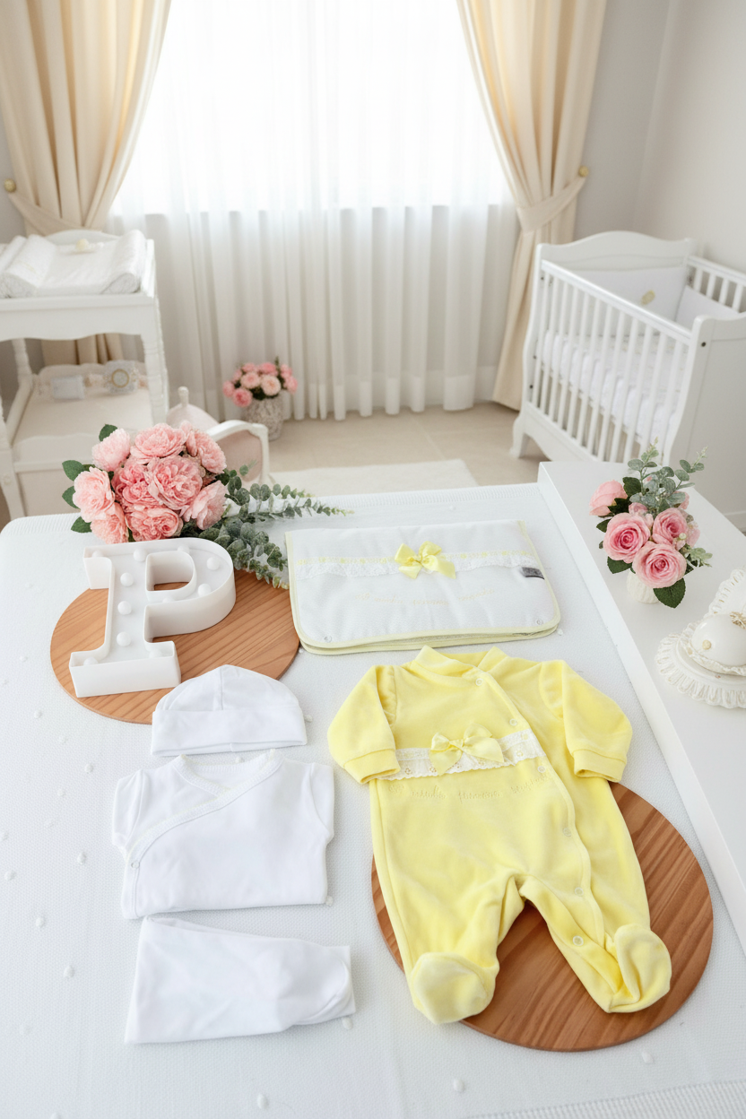 Conjunto primeira roupinha veludo em Amarelo