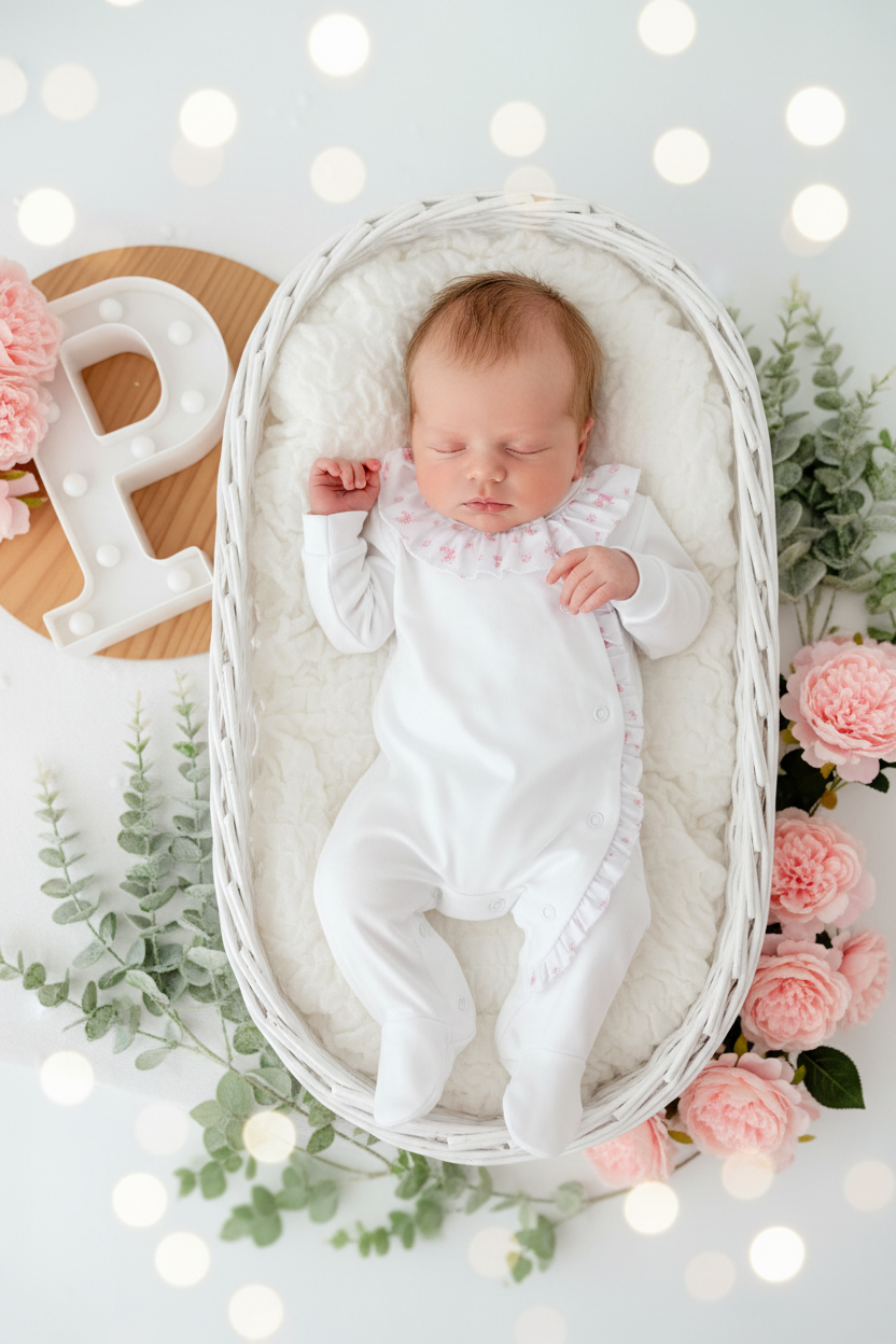 Babygrow Branco tema flores em algodão