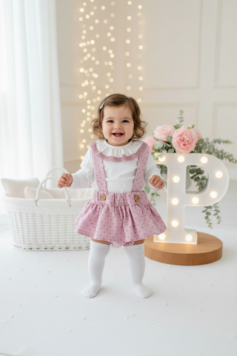 Conjunto Bolinhas Rosa: Blusa + Jardineiras com Laço