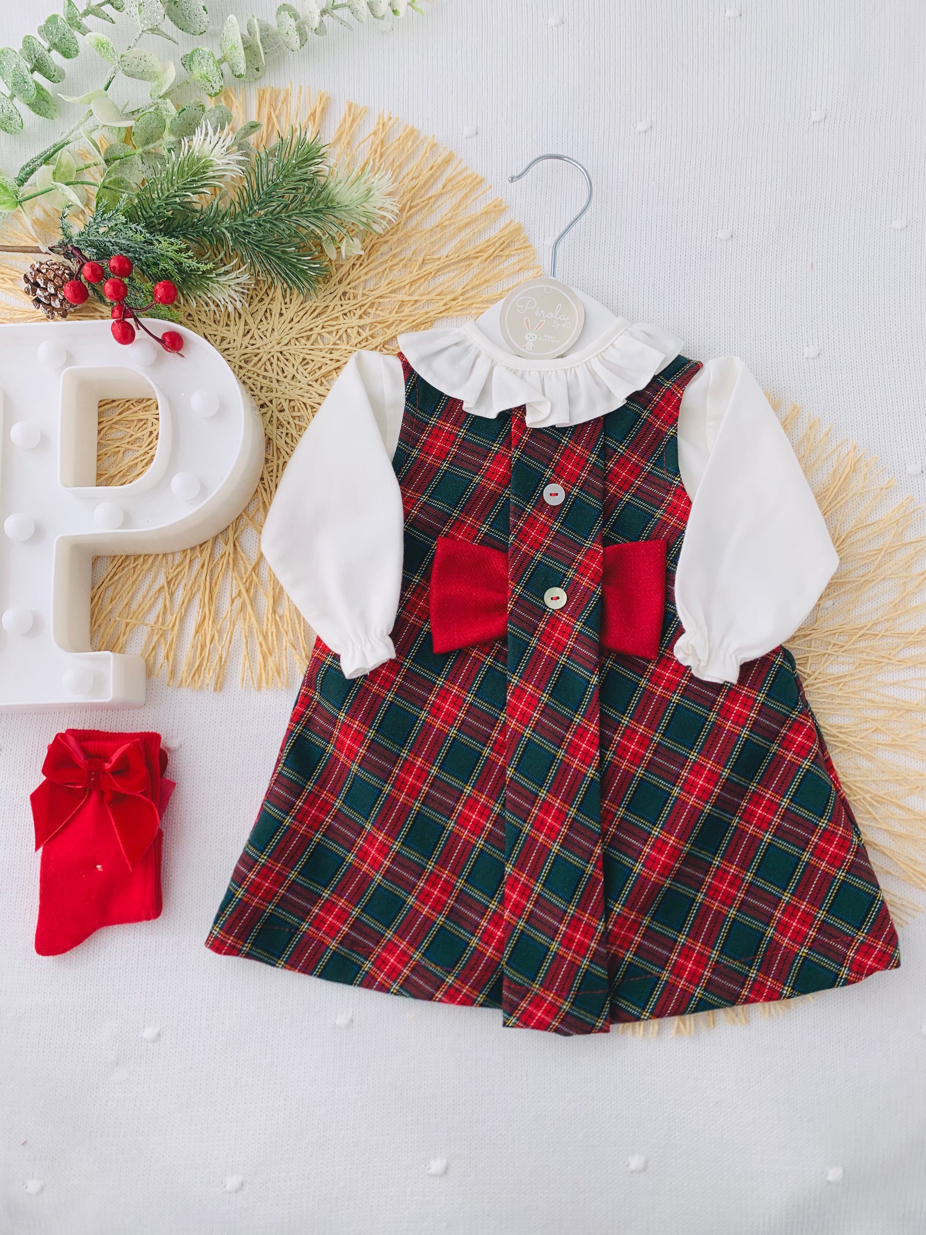 Conjunto laço verde: vestido xadrez  e camisa