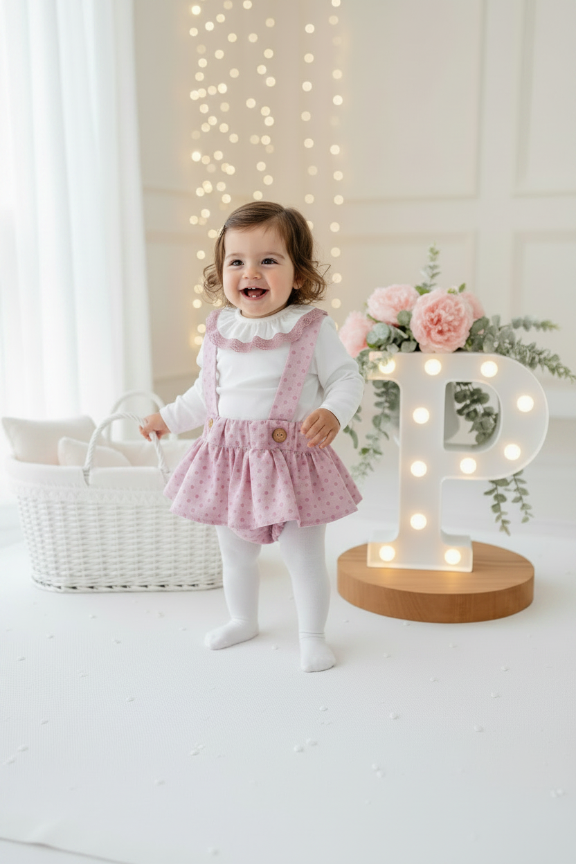 Conjunto Bolinhas Rosa: Blusa + Jardineiras com Laço