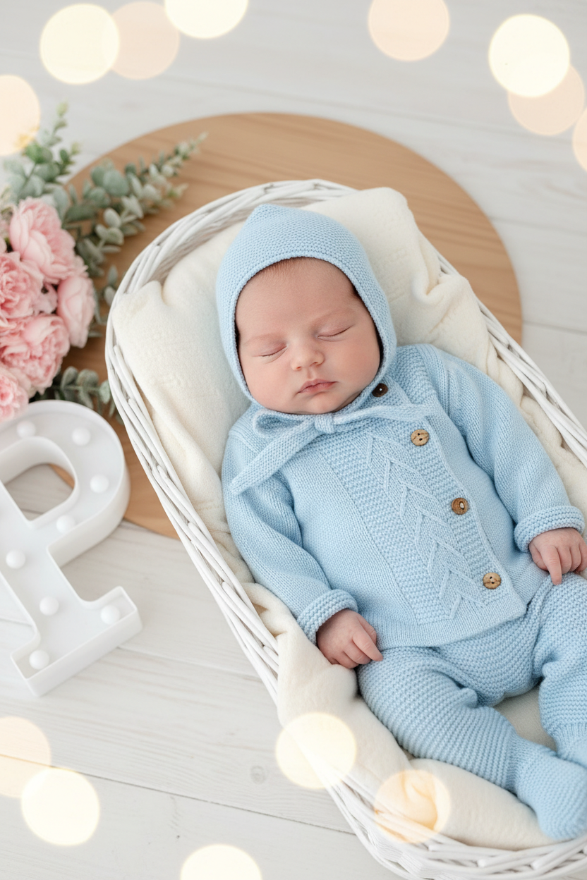 Conjunto em malha quentinha para bebés: casaco, calças e touca