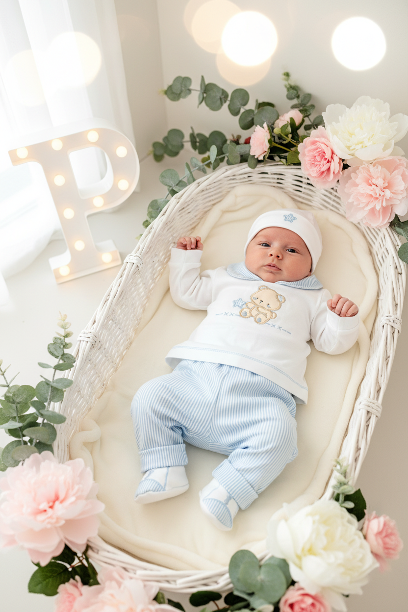 Conjunto algodão menino 4 peças : calças, camisola, carapins e gorro