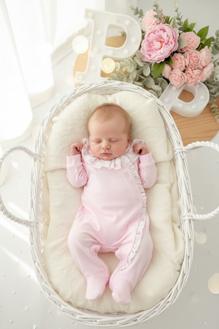 Babygrow Rosa tema flores em algodão