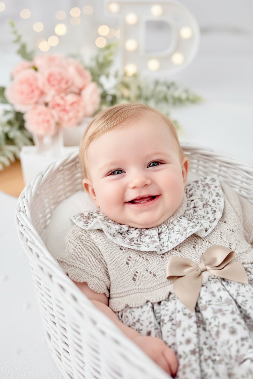 Vestido tema flores e laço 3-12M