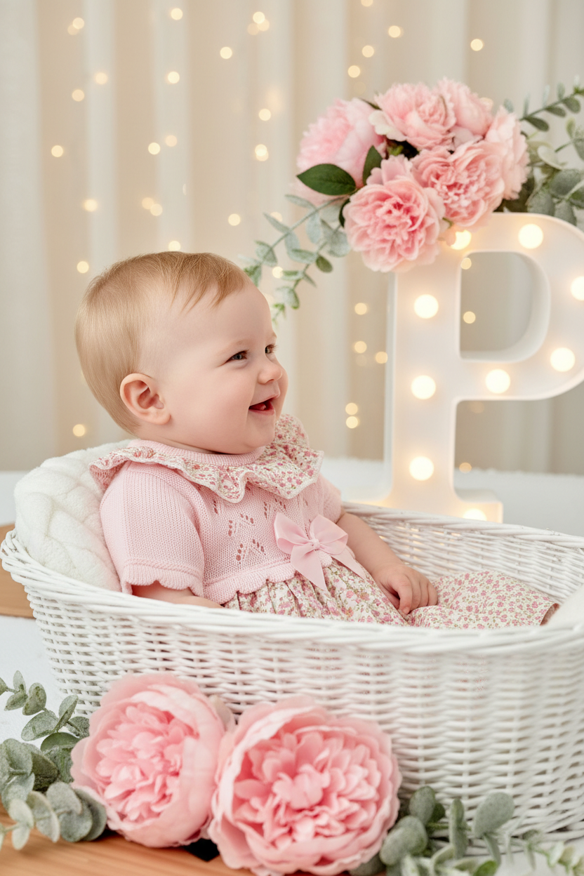 Vestido tema flores e laço 3-12M