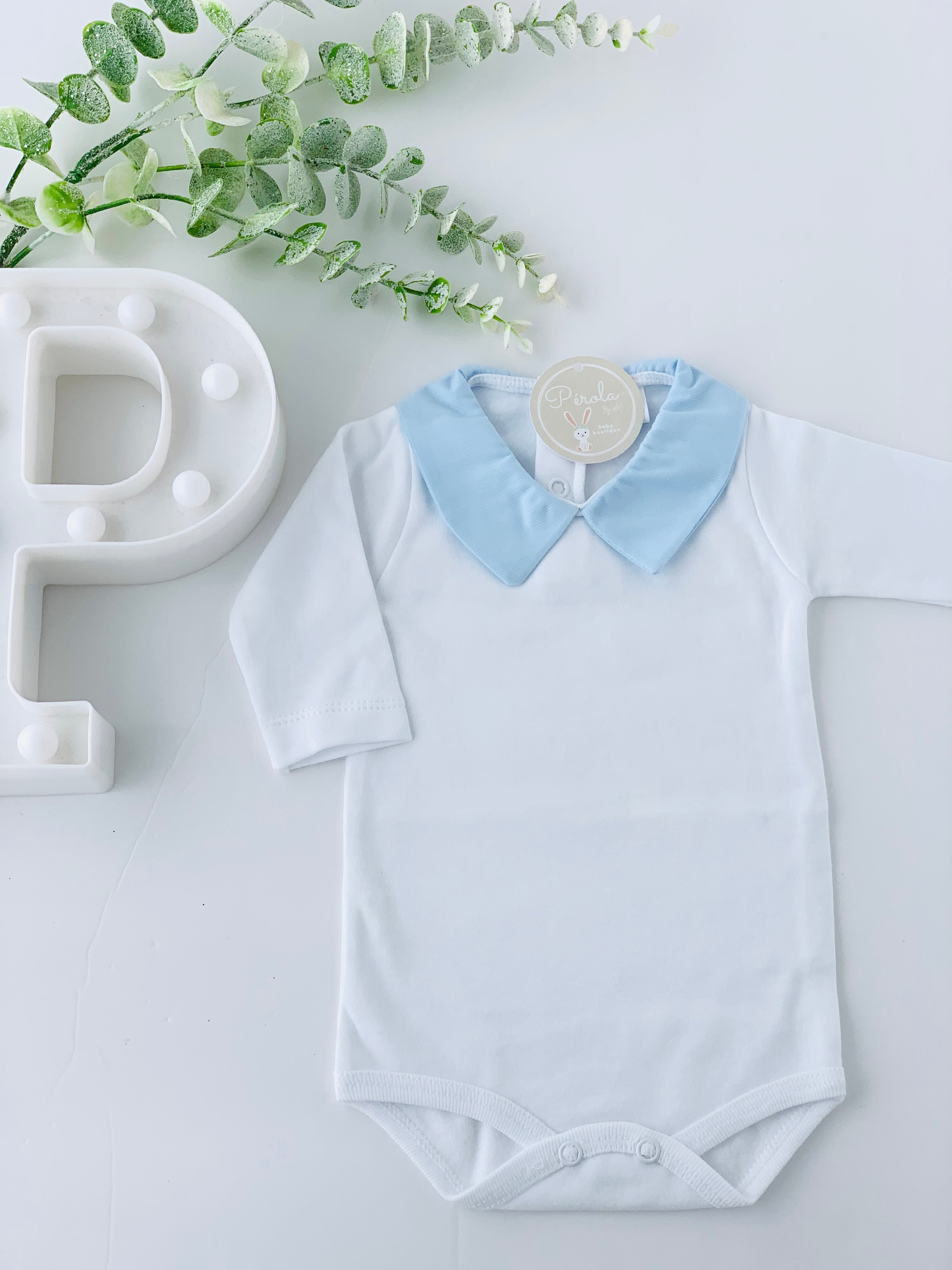 Body com gola de camisa azul (cardado)